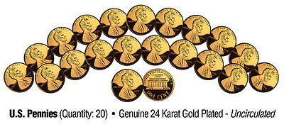Uncirculated 24k Gold Plated U.s. Pennies (lot Of 20)